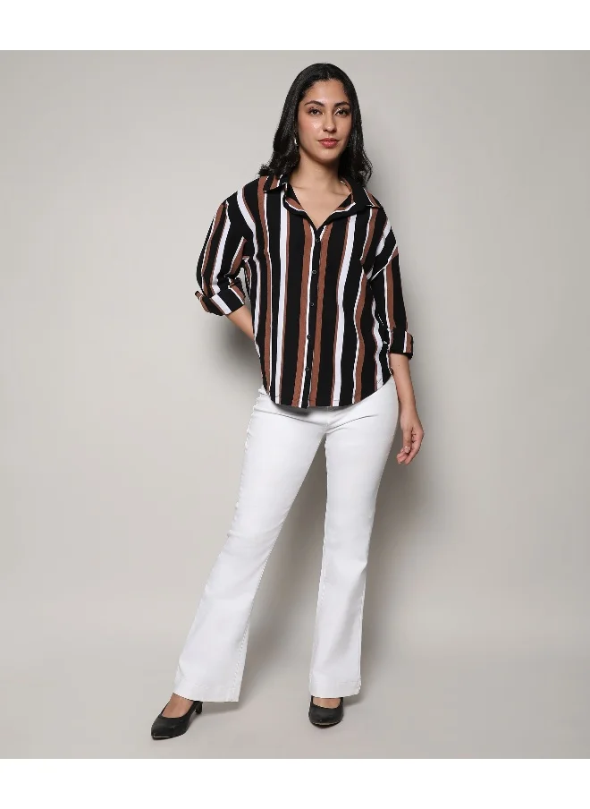 Campus Sutra Women's Midnight Black & Mocha Brown Striped Boxy Shirt