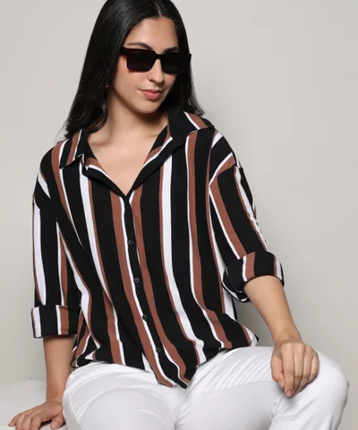 Campus Sutra Campus Sutra Women's Midnight Black & Mocha Brown Striped Boxy Shirt For Casual Wear | Spread Collar | Long Sleeve | Button Closure | Shirt Crafted With Comfort Fit For Everyday Wear