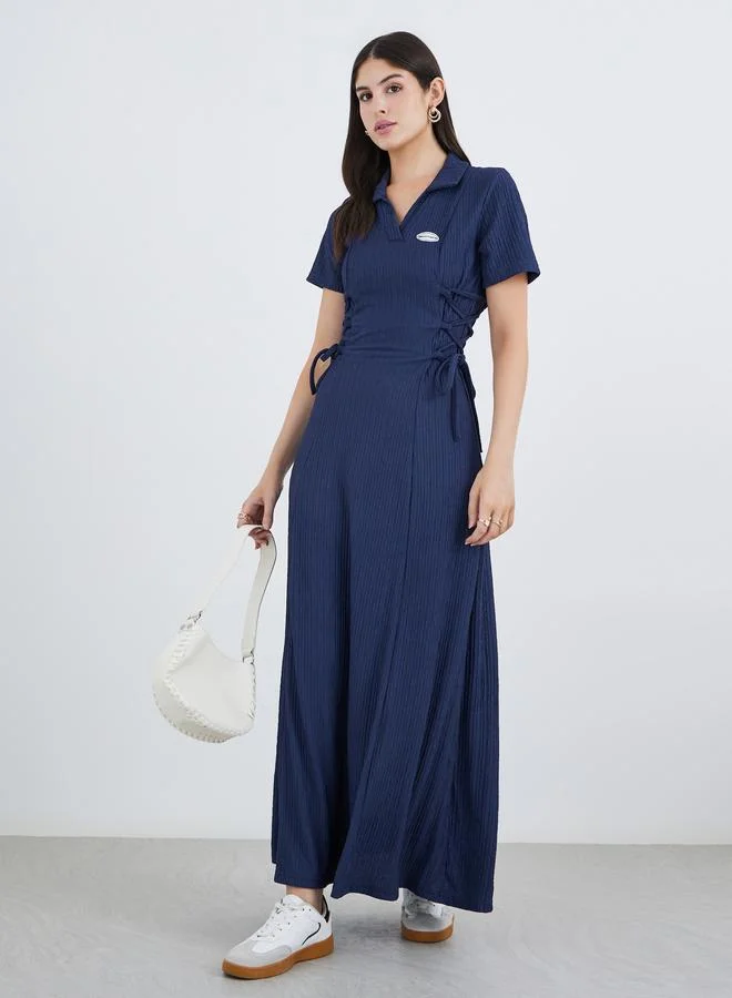 ستايلي Styli Textured Waist Tie-Up Collared Maxi Dress