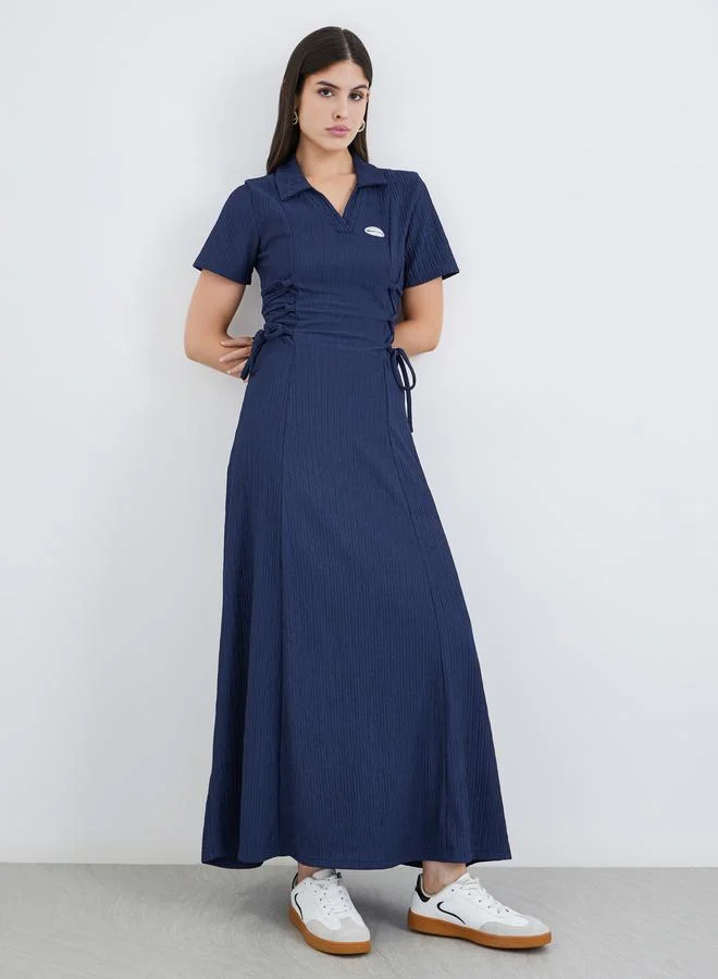 ستايلي Styli Textured Waist Tie-Up Collared Maxi Dress