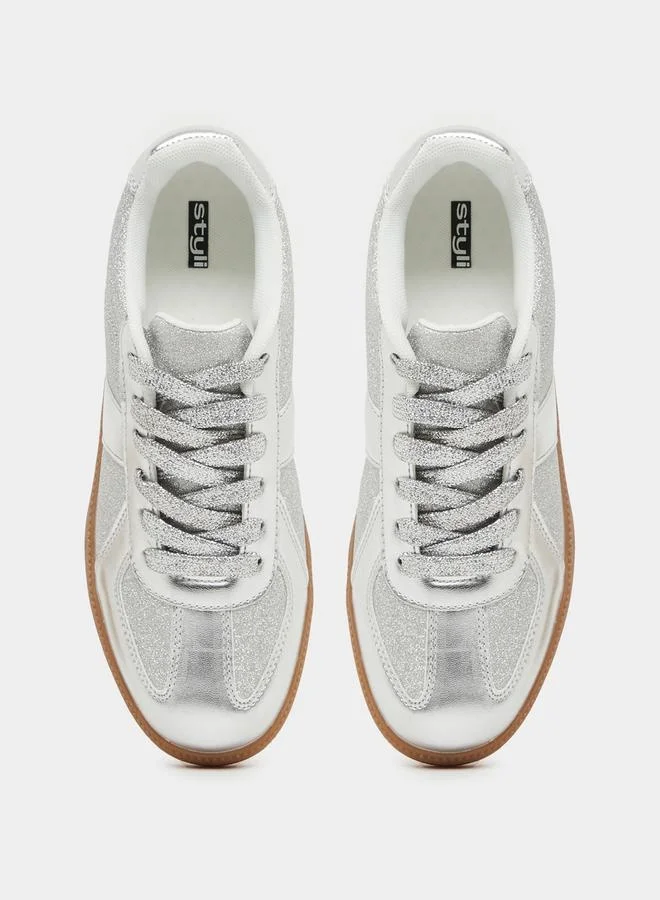 Styli Textured Metallic Lace Up Sneakers