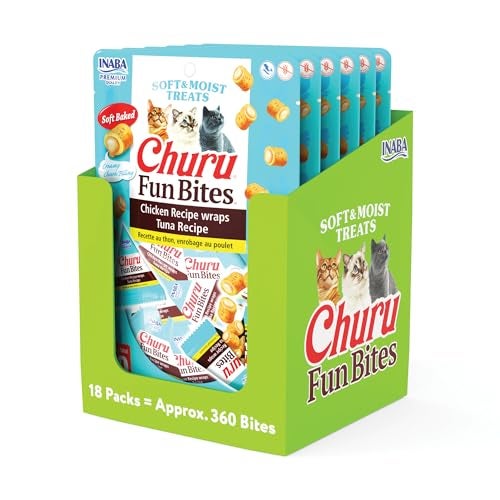 INABA Churu Fun Bites for Cats, Soft & Chewy Cat Treats with Taurine, 0.42 Ounces Each Tetra, 18 Tetras (3 per Bag), Tuna Recipe - Image 1