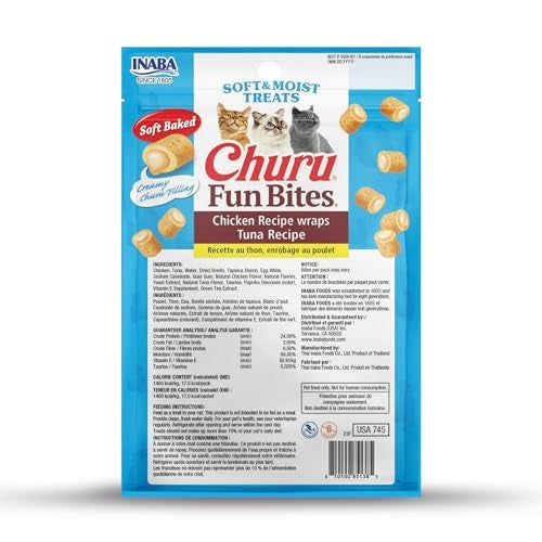 INABA Churu Fun Bites for Cats, Soft & Chewy Cat Treats with Taurine, 0.42 Ounces Each Tetra, 18 Tetras (3 per Bag), Tuna Recipe - Image 2