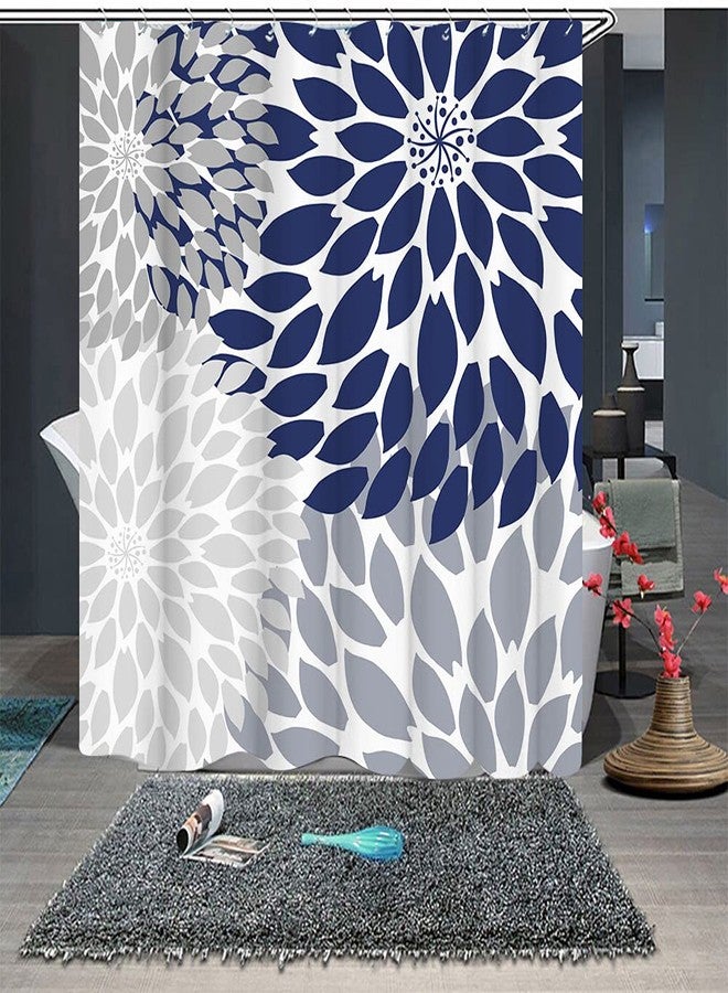 RnnJoile Blue and Gray Shower Curtain Dahlia Bathroom Curtain Blue Floral Bathroom Decor with 12 Hooks 72"x72" - Image 4