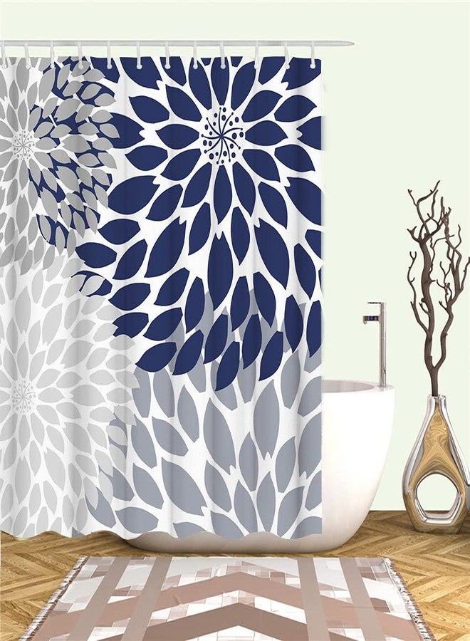 RnnJoile Blue and Gray Shower Curtain Dahlia Bathroom Curtain Blue Floral Bathroom Decor with 12 Hooks 72"x72" - Image 3