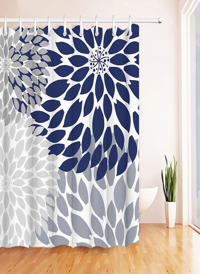 RnnJoile Blue and Gray Shower Curtain Dahlia Bathroom Curtain Blue Floral Bathroom Decor with 12 Hooks 72"x72" - Image 2