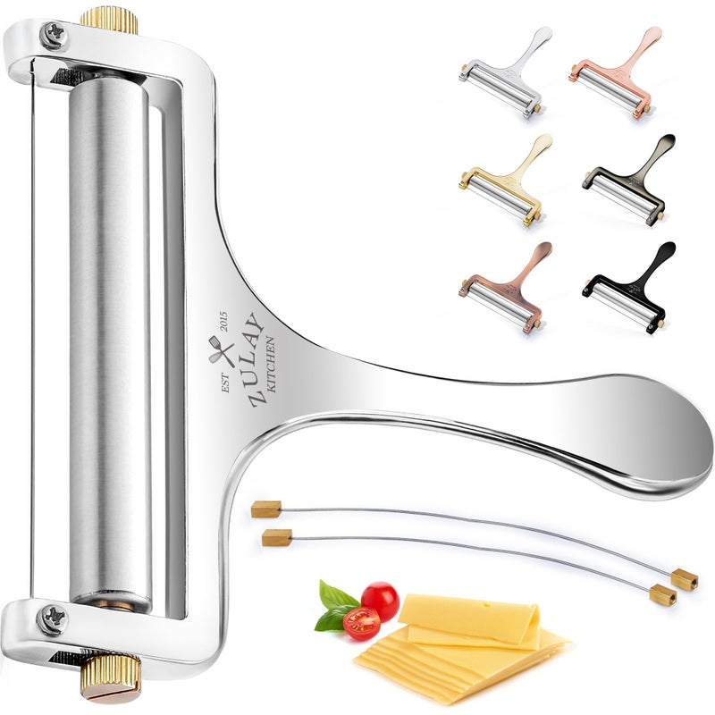 Zulay Kitchen Zulay Kitchen Stainless Steel Wire Cheese Slicer  Adjustable Hand Held Cheese Cutter with 2 Extra Wires  Premium Cheese Shaver for Mozzarella Cheddar Gruyere  Cheese Cutter with Wire Silver 