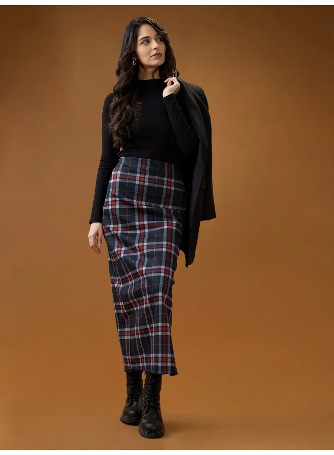 globus Women Red Checked Mid-Rise Side Slit Straight Maxi Skirt