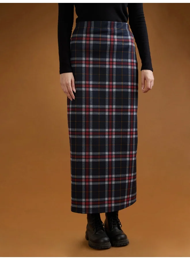 globus Women Red Checked Mid-Rise Side Slit Straight Maxi Skirt