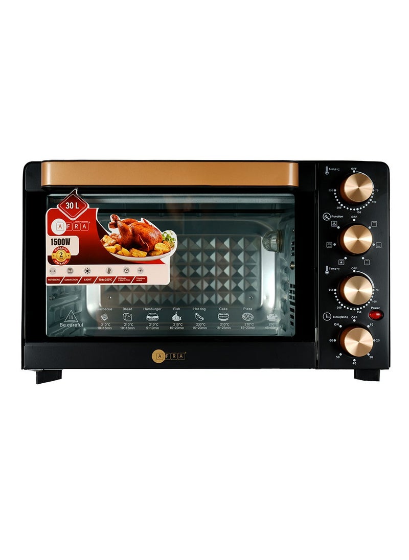 AFRA AFRA Electric Oven Toaster, 30L, 1500w Convection Rotisserie & Oven Lamp, 4 Knobs Tray, Rack, Handle, 7-Functions control, Adjustable Thermostat 70 to 250C, AF-3015OTBK, 2-Year Warranty  - Image 2