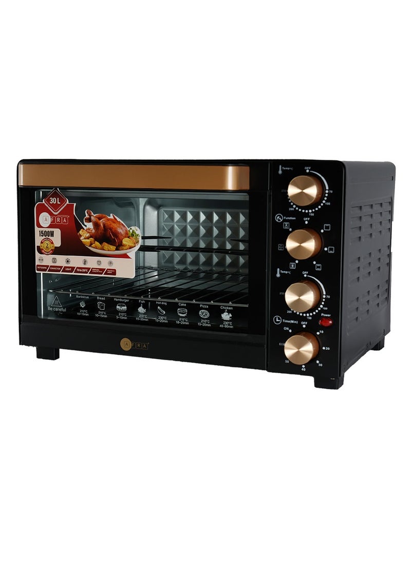 AFRA - AFRA Electric Oven Toaster, 30L, 1500w Convection Rotisserie & Oven Lamp, 4 Knobs Tray, Rack, Handle, 7-Functions control, Adjustable Thermostat 70 to 250C, AF-3015OTBK, 2-Year Warranty - Image 1