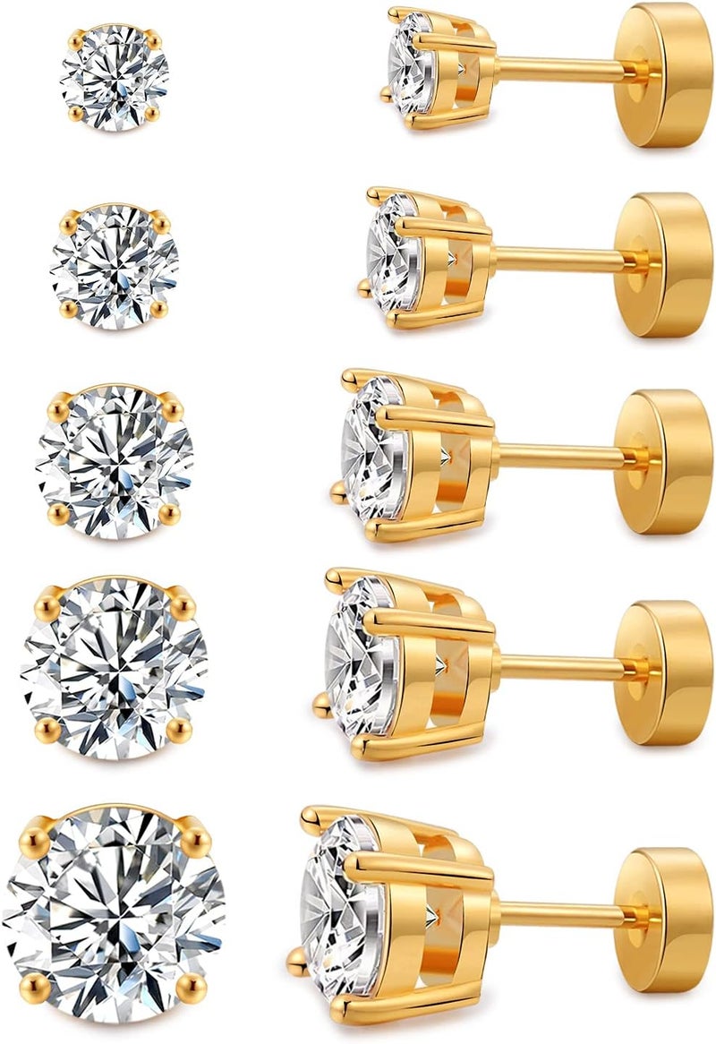 Kainier Women's 14K Gold Plated CZ Stud Earrings Simulated Diamond Round Cubic Zirconia Ear Stud Set（5 Pairs)… - Image 1