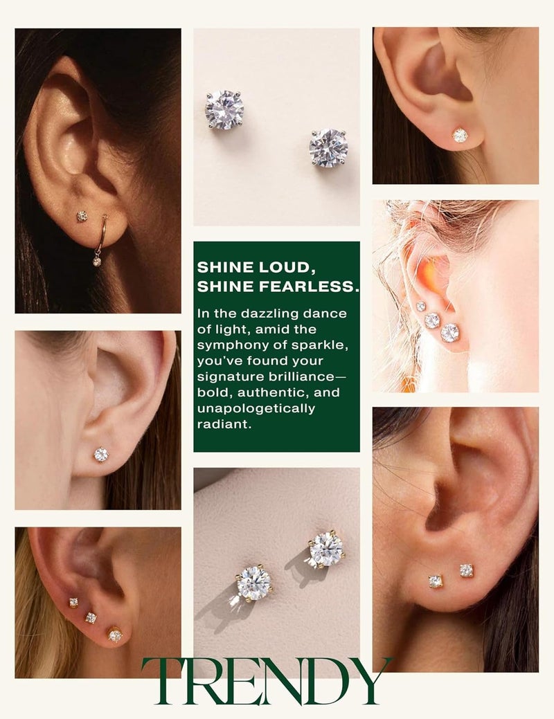 Kainier Women's 14K Gold Plated CZ Stud Earrings Simulated Diamond Round Cubic Zirconia Ear Stud Set（5 Pairs)… - Image 5