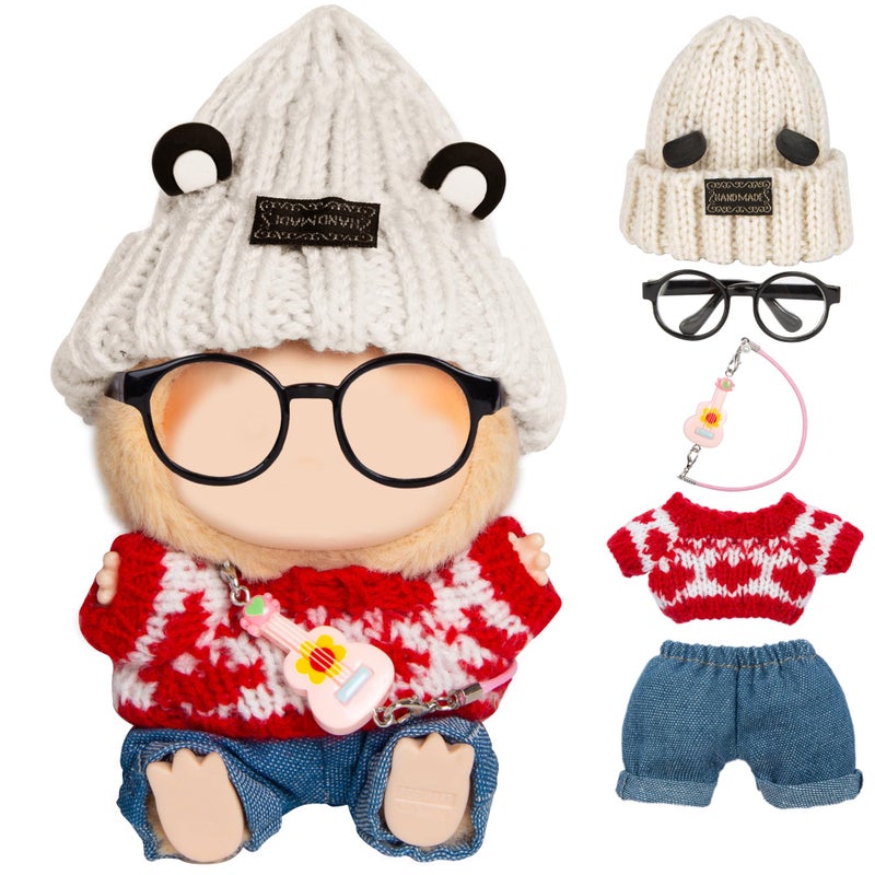 CHICHO 5 Pieces Doll Clothes for Labubu Kawaii Chic Style Set for 17cm Dolls Cute Doll Outfit with Accessories Grey Bear Ears Hat Red Sweater Blue Jeans Glasses Small Guitar Clothes Only - Image 2