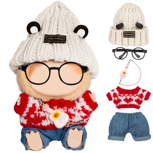 CHICHO 5 Pieces Doll Clothes for Labubu Kawaii Chic Style Set for 17cm Dolls Cute Doll Outfit with Accessories Grey Bear Ears Hat Red Sweater Blue Jeans Glasses Small Guitar Clothes Only - Image 1
