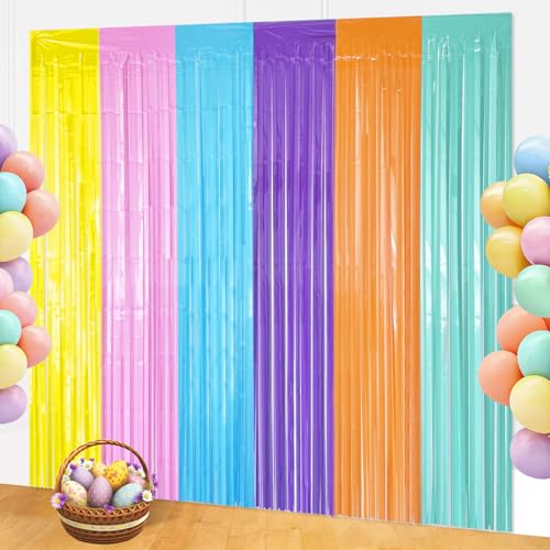partyzoa Pastel Foil Fringe Curtains Backdrop Birthday Party Decorations, 2 Pack 3.28 x 6.56 Ft Colorful Tinsel Streamer Banner Photo Booth Props for Easter Spring Ice Cream Donut Party Decor Supplies - Image 1