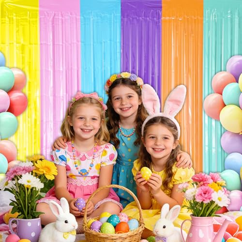 partyzoa Pastel Foil Fringe Curtains Backdrop Birthday Party Decorations, 2 Pack 3.28 x 6.56 Ft Colorful Tinsel Streamer Banner Photo Booth Props for Easter Spring Ice Cream Donut Party Decor Supplies - Image 2