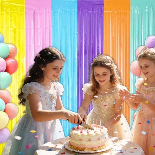 partyzoa Pastel Foil Fringe Curtains Backdrop Birthday Party Decorations, 2 Pack 3.28 x 6.56 Ft Colorful Tinsel Streamer Banner Photo Booth Props for Easter Spring Ice Cream Donut Party Decor Supplies - Image 3