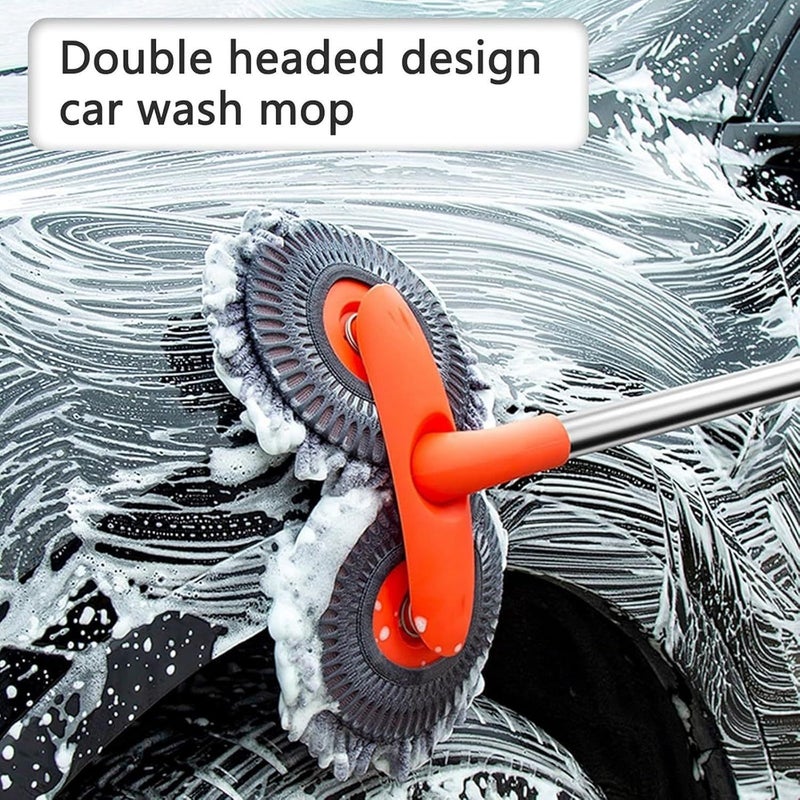 Orange Microfiber Car Wash Brush With 360 Rotating Heads Long Handle Detailing - Image 1