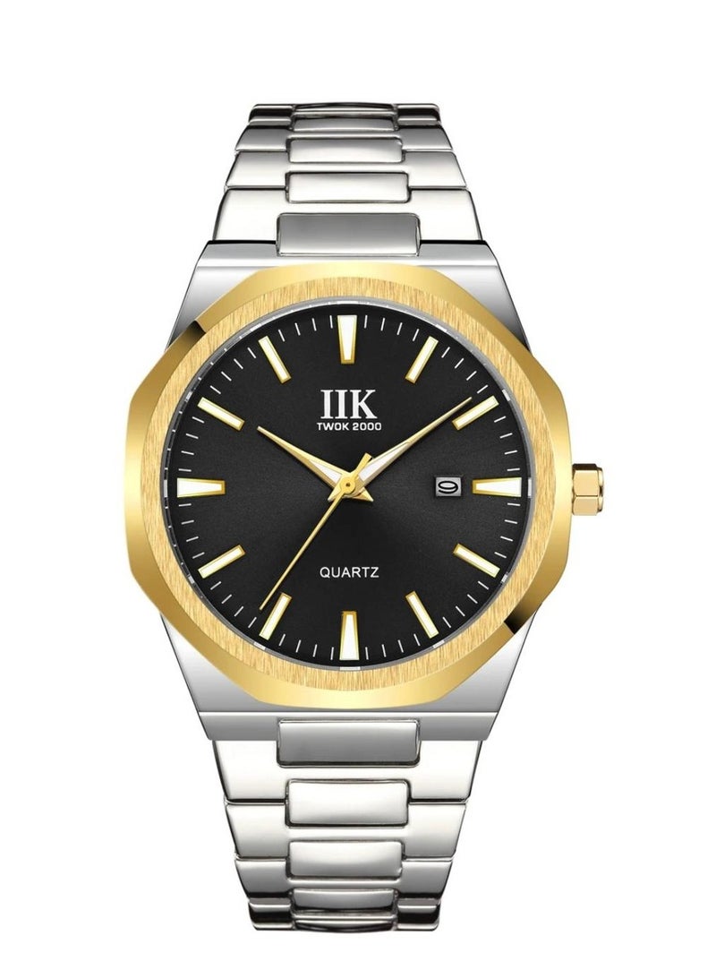 IIK Collection Men's Wrist Watch, Silver Band with Black Dial, And Gold edges - Image 1