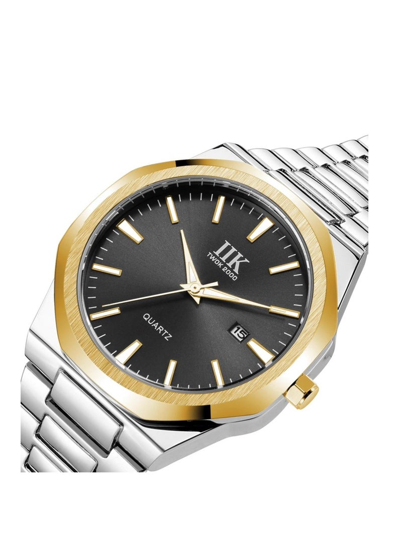 IIK Collection Men's Wrist Watch, Silver Band with Black Dial, And Gold edges - Image 2