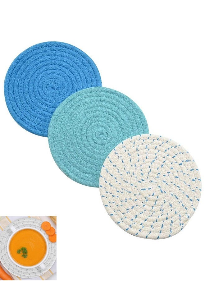 Bukela Kitchen Pot Holders Set 100% Pure Cotton Thread Weave Stylish Coasters, Hot Pads, Mats, Spoon Rest For Cooking and Baking by Diameter 7 Inches Blue 3 PCS  - Image 1