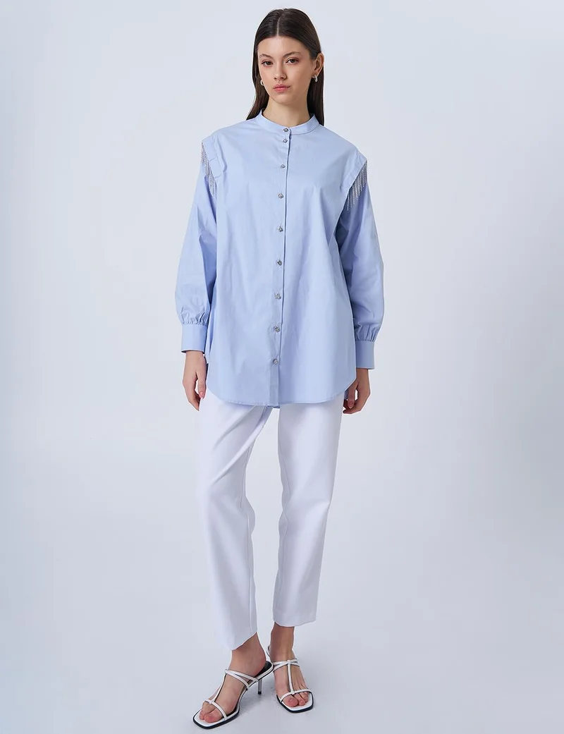 Kayra Ribbon Stone Poplin Tunic Blue
