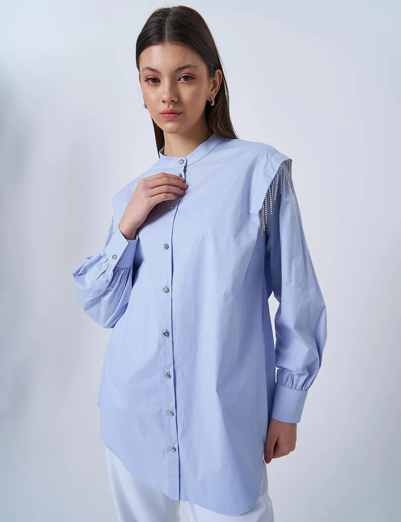 Kayra Ribbon Stone Poplin Tunic Blue