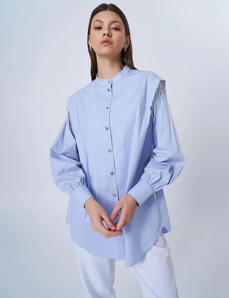 Kayra Ribbon Stone Poplin Tunic Blue