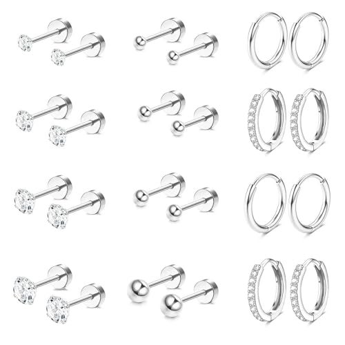 Jstyle Hypoallergenic Silver Plated Flat Back Earrings for Women Men Surgical Stainless Steel Earrings for Sensitive Ears Small Stud Hoop Cartilage Earring Stack Set for Multiple Piercing Jewelry B - Image 1