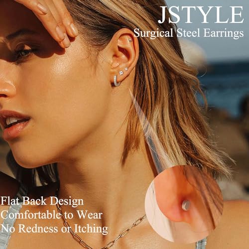 Jstyle Hypoallergenic Silver Plated Flat Back Earrings for Women Men Surgical Stainless Steel Earrings for Sensitive Ears Small Stud Hoop Cartilage Earring Stack Set for Multiple Piercing Jewelry B - Image 2