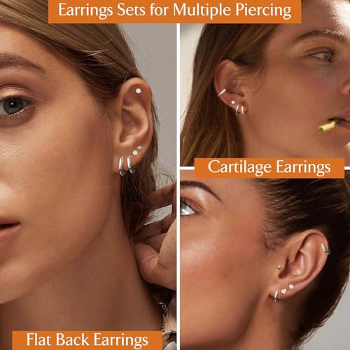 Jstyle Hypoallergenic Silver Plated Flat Back Earrings for Women Men Surgical Stainless Steel Earrings for Sensitive Ears Small Stud Hoop Cartilage Earring Stack Set for Multiple Piercing Jewelry B - Image 4