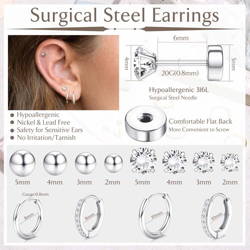 Jstyle Hypoallergenic Silver Plated Flat Back Earrings for Women Men Surgical Stainless Steel Earrings for Sensitive Ears Small Stud Hoop Cartilage Earring Stack Set for Multiple Piercing Jewelry B - Image 5