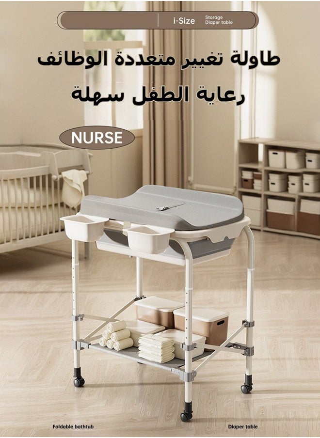 XiuWoo Portable Baby Changing Table, Foldable Waterproof Diaper Changing Station ,Massage bathtub, with Wheels, Adjustable Height, Storage Basket, Mobile Nursery Organizer for Newborn Infant, Grey  - Image 2