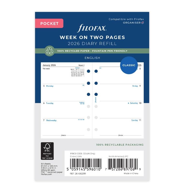 FILOFAX إعادة تعبئة مفكرة فيلوفاكس، حجم جيب: 4-3/4" × 3-1/4"، أسبوع في عرض، ورق أبيض، غير مخطط، إنجليزي، 2026 (C68221R-26) - Image 1