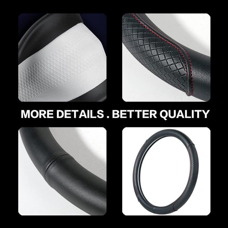 VARGTR Steering Wheel Cover - Microfiber Leather, Classic Embossing, Anti-Slip Breathable, Fit 15 Inch (Black & Red Line) - Image 3