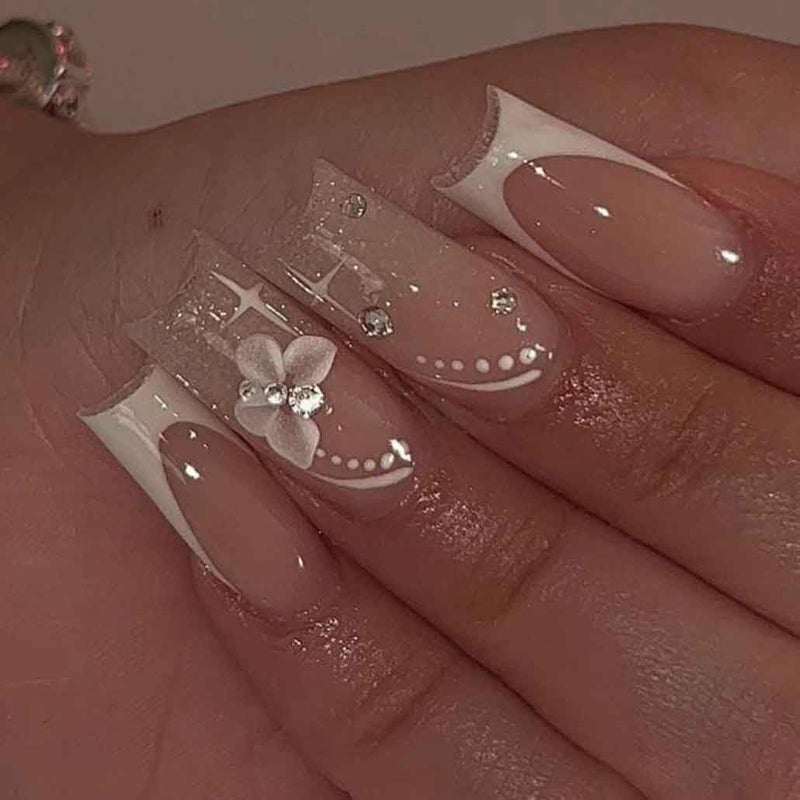 Foccna Long Press On Nails - Nude Square Clear Acrylic False Nails - 24PCS French Full Cover Bling Rhinestone Butterfly Design - Image 1