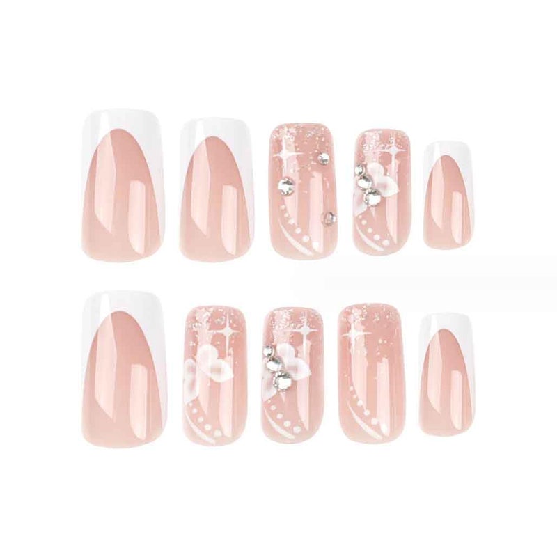 Foccna Long Press On Nails - Nude Square Clear Acrylic False Nails - 24PCS French Full Cover Bling Rhinestone Butterfly Design - Image 4