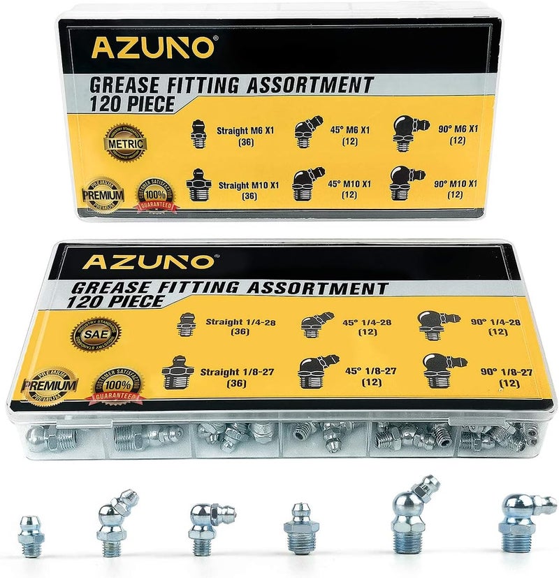 AZUNO Hydraulic Grease Fittings, 240 Pieces SAE & Metric Grease Fitting Assortment with 120 PCS Grease Fitting Caps, Standard Grease Gun Fittings Perfect for Replacing Missing or Broken Zerk Fitting - Image 1