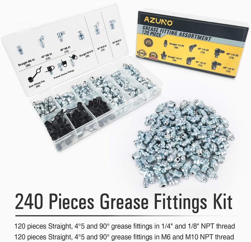 AZUNO Hydraulic Grease Fittings, 240 Pieces SAE & Metric Grease Fitting Assortment with 120 PCS Grease Fitting Caps, Standard Grease Gun Fittings Perfect for Replacing Missing or Broken Zerk Fitting - Image 5
