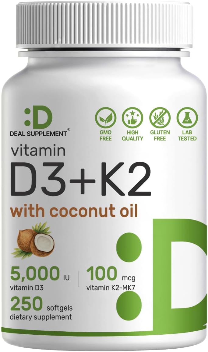 DEAL SUPPLEMENT Vitamin D3 5000 IU  K2 MK7 100mcg Softgels  2in1 Complex with Virgin Coconut Oil  Supports Heart Bone Teeth  Immune Health  Easy to Swallow - Image 1