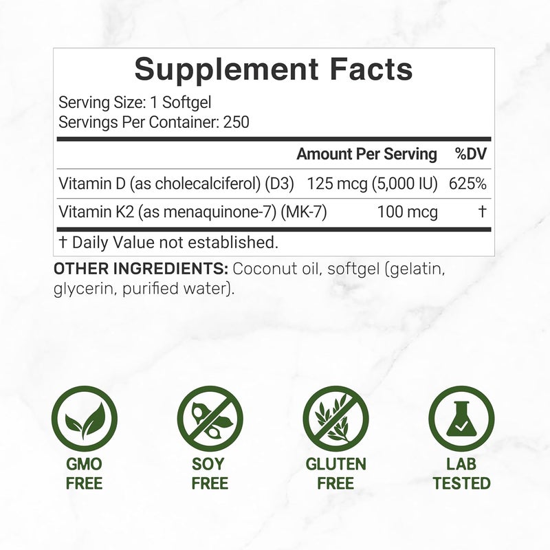 DEAL SUPPLEMENT Vitamin D3 5000 IU  K2 MK7 100mcg Softgels  2in1 Complex with Virgin Coconut Oil  Supports Heart Bone Teeth  Immune Health  Easy to Swallow - Image 2