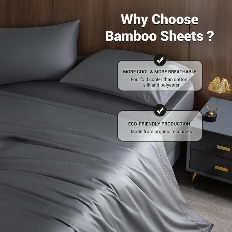 Bamboo Sheets Full 4 Pc Dark Grey Set - Silky Soft Cooling Sheets with Deep Pocket for Hot Sleepers Night Sweats Home Bedding - Image 2