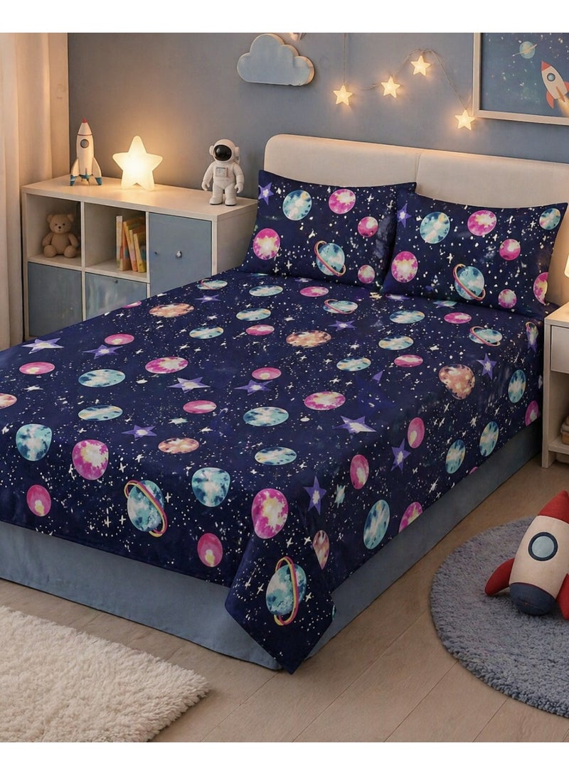 إي وورلد طقم شرشف سرير مسطح 3 قطع من Eworld، تصميم المجرة، قطن 100%، 125 GSM، 1 شرشف مسطح + 2 غطاء وسادة – متوفر بمقاسات كينج، كوين، وسينجل - Image 1
