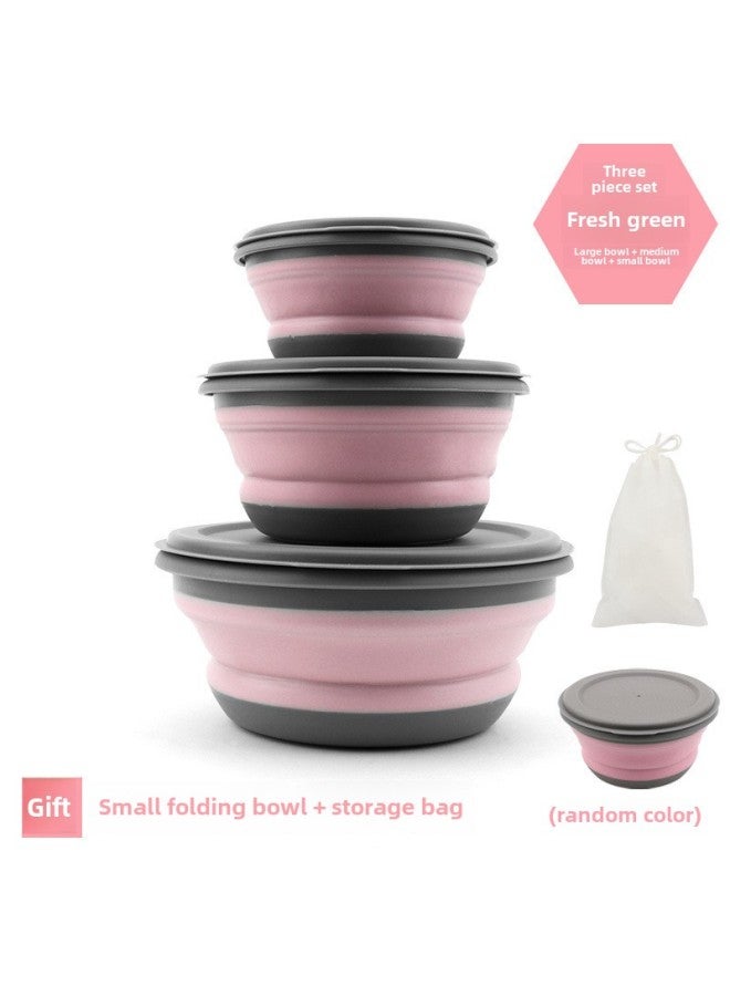 Folding Bowl Portable Retractable Outdoor Compression Travel Travel Wild Tableware Baby Picnic Anti-fall Lunch Box Wholesale-Specifications:Pink Three-piece Set, Free Small Bowl + Storage Bag  - Image 1