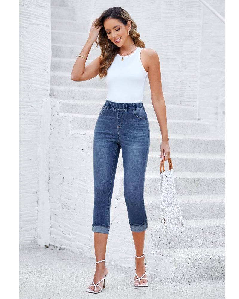 GRAPENT Trouser Jeans Western Womens Clothing Women's Clothes High Waisted Capris for Women Crop Pants Women's Wear to Work Pants & Capris Work Jeans for Women Color Darkness Blue Size XL X-Large - Image 5