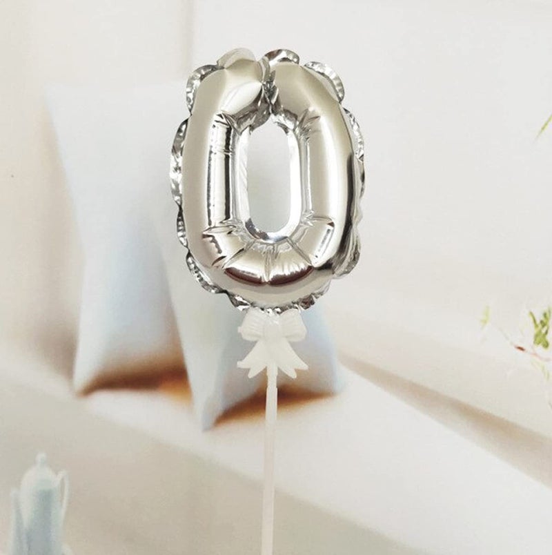 AMFIN® 0 Number Foil Balloon Cake Topper for Birthday Decoration Cake Topper Number- Silver - Image 2