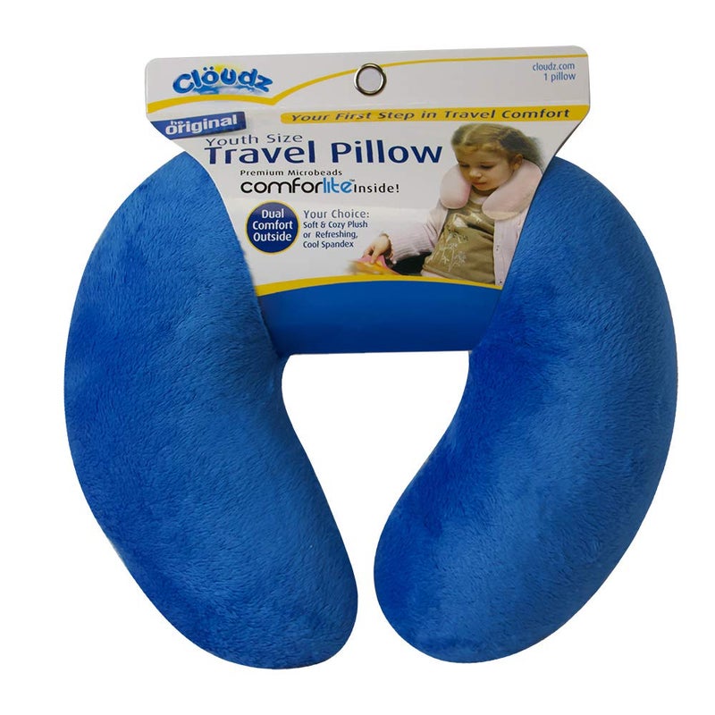 Cloudz Kids Dual Comfort Microbead Airplane Travel Neck Pillow. Super Soft Cozy Plush on One Side, Cool Relaxing Spandex on The Other! Keep Your Kids Comfy and Supported at Home or On The Go! - Blue - Image 1