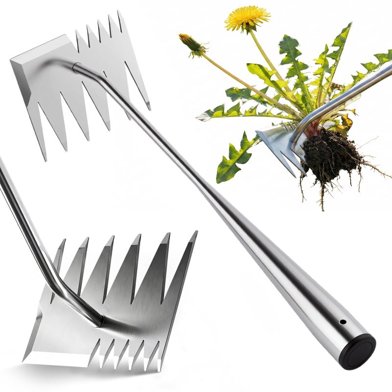 LOOHOI Upgraded Weed Puller Tool, 4-Tooth Stainless Steel Manual Weeder, Garden Weed Remover Tool for Vegetable Gardening Backyard Farm Planting & Weeding - Image 1