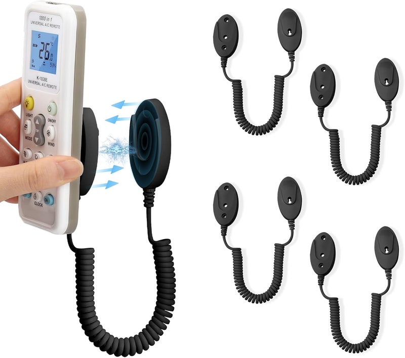 WALLFID 4-Pack Magnetic Remote Control Holders with Spring Ropes - Safely Secure Remotes & Small Items, Wall-Mount with Adhesive, Anti-Loss, Rapid Adsorption, Extendable Spring (Black 43 inch, 4 Pack) - Image 1